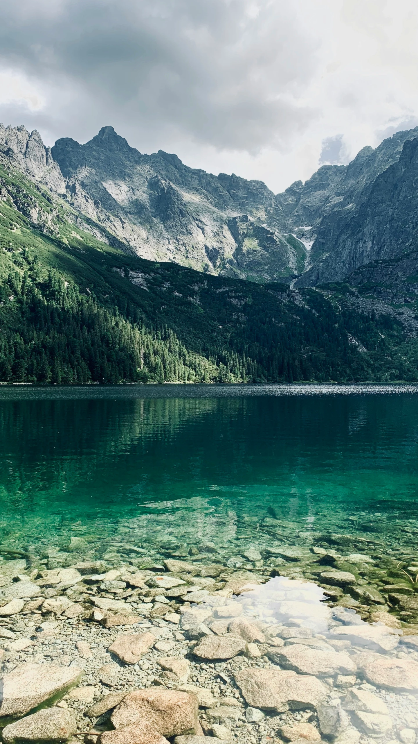 a large body of water sitting below a green mountain