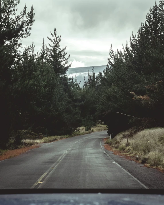 the view of a road that leads up to some hills