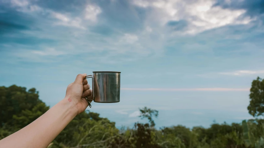 a person holding a mug of coffee while standing in the wilderness