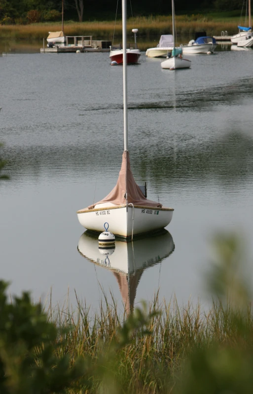 a small white boat sits in a lake