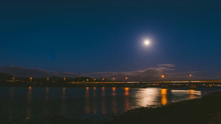 a full moon shining in the distance over water