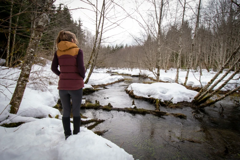 a woman stands in the snow by some water