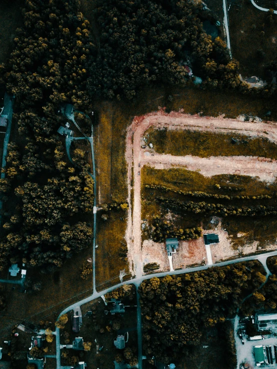 the aerial s shows the road in between buildings