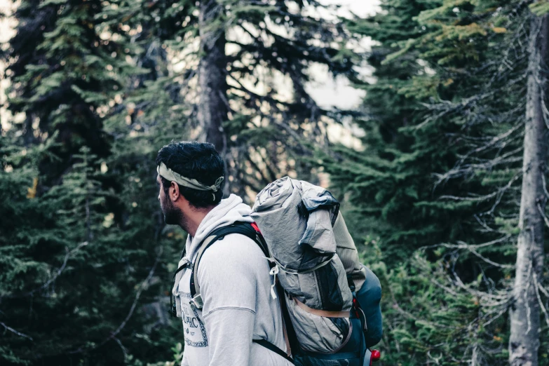 a man walks on the back pack through the woods