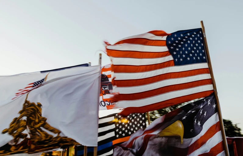 three flags with eagle symbols on them are displayed