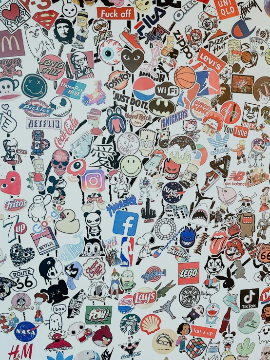 an abstract picture with many stickers all over it