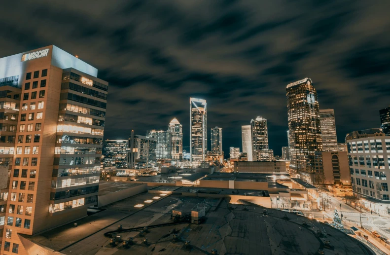 view of city skyline from high above at night