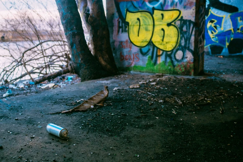 an empty can sitting on the ground near some graffiti