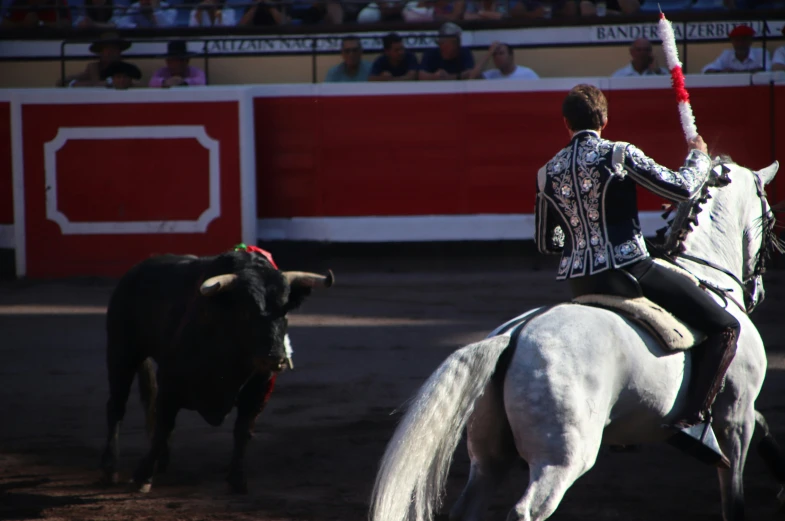 a man on a white horse with a red bat