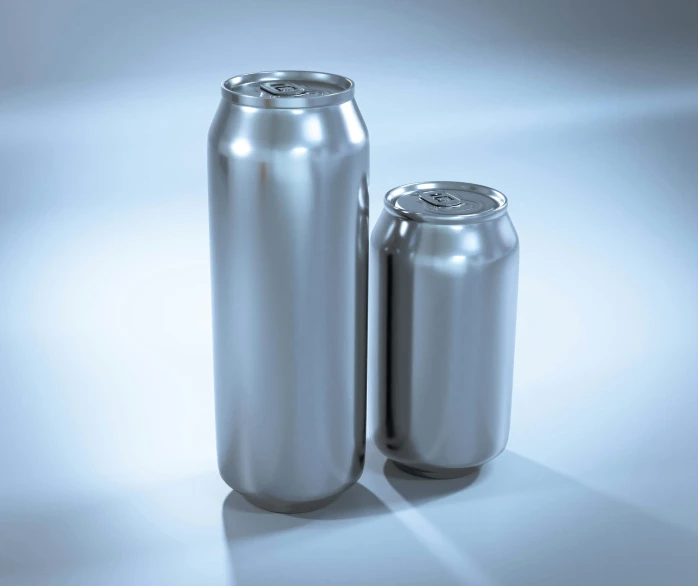 two silver metal cans with different flavors on a white table