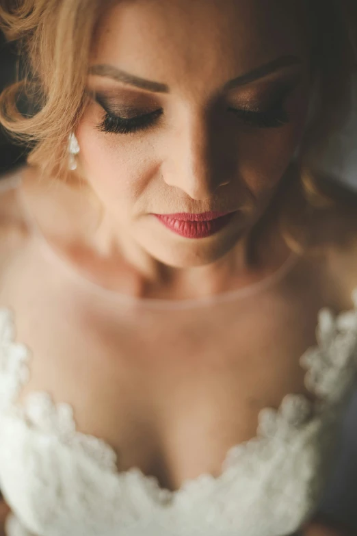 a bride with her eyes closed in the wedding dress