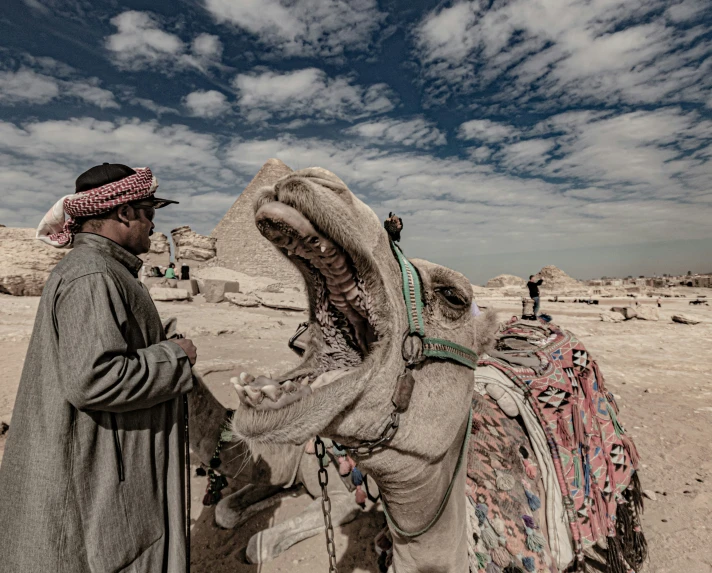 man standing next to camel with sphinx like head on it