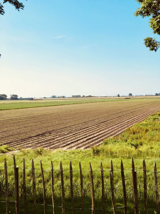 a large field and farm land from the window of a train