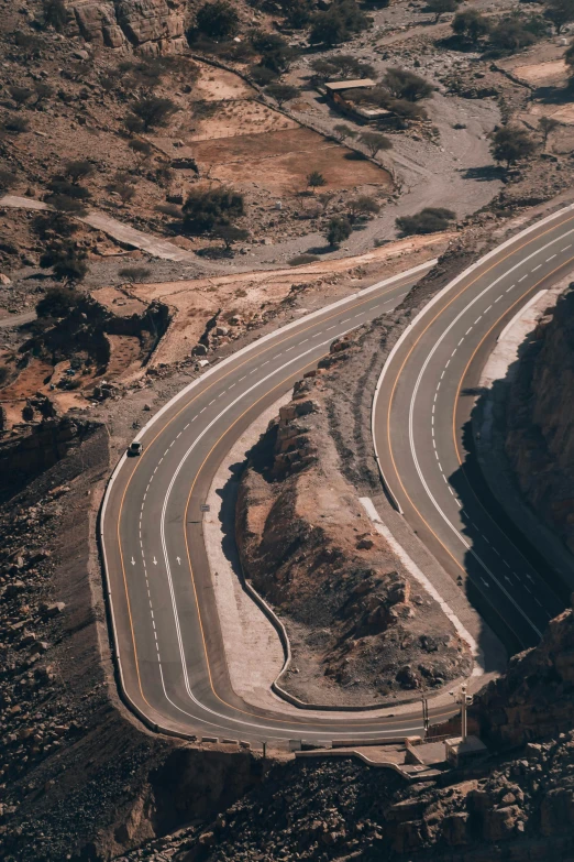 an aerial view of two road sections in the desert