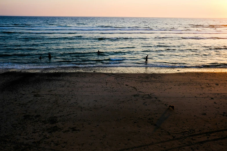 a group of people are in the ocean by a beach