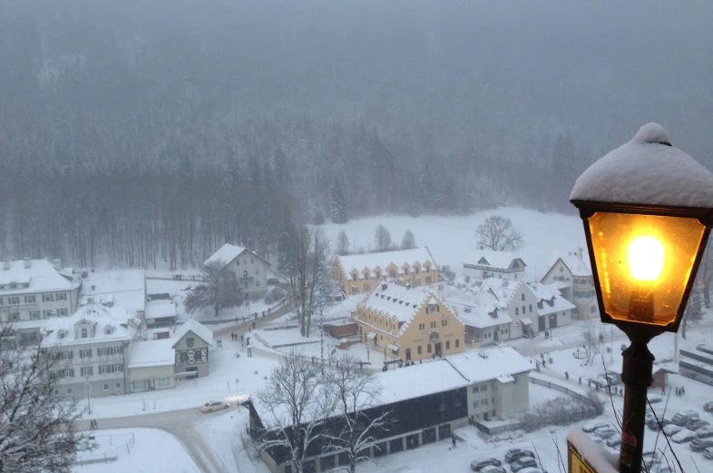 an illuminated lamp in the foreground, with houses and trees in the background, covered with snow