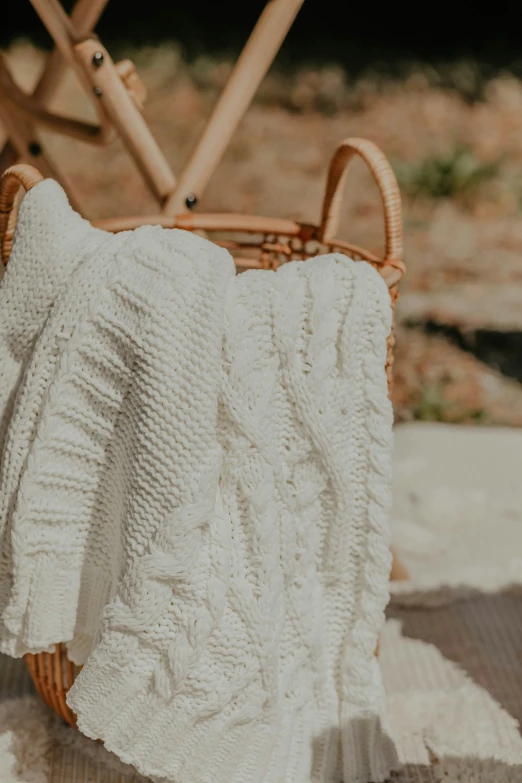 a blanket sitting in a basket on top of a rug