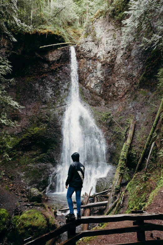 a person stands on a wooden bridge at a waterfall