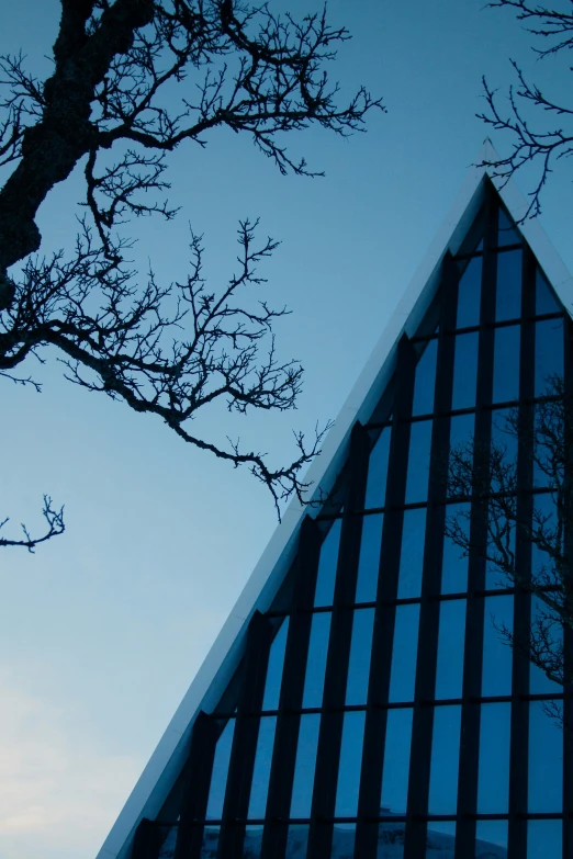 a very tall glass building sitting on the side of a street