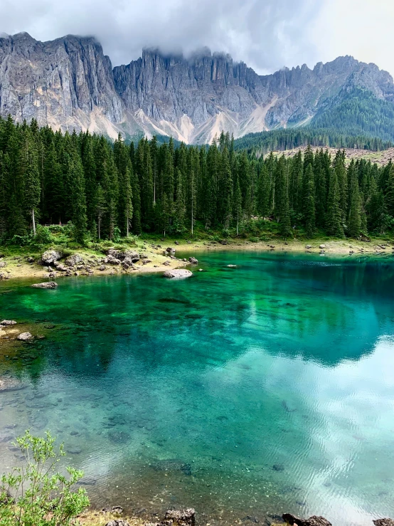 a clear mountain lake sits in front of an evergreen tree line