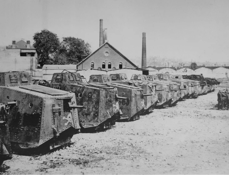 a black and white po with military tanks