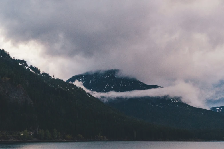 a lake with trees, mountains and clouds in the background