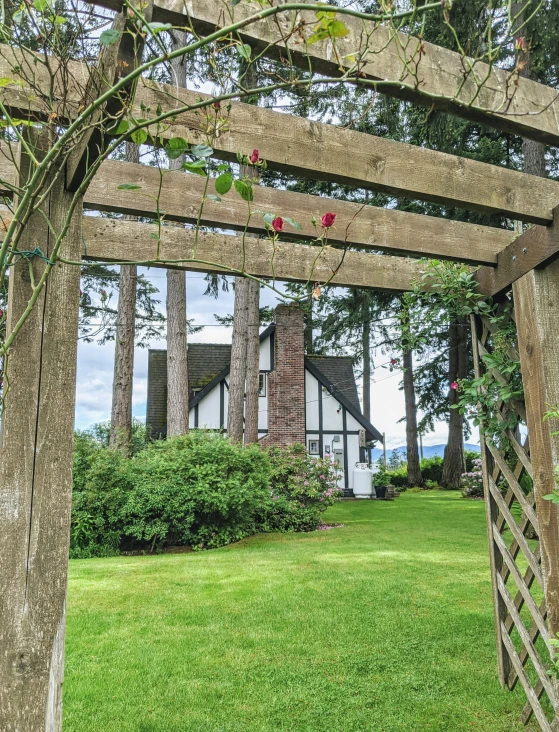 a house sits in the distance behind some trees