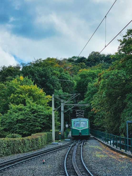 the train is moving on tracks near some trees