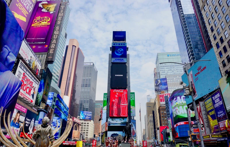 a crowded street in a large city, with a bunch of signs on buildings