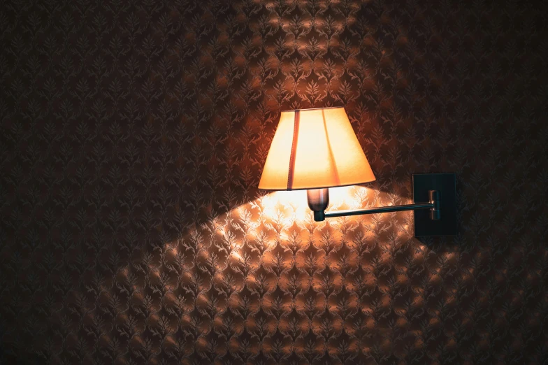 an illuminated wall lamp with a brown cloth shade on a brown wall