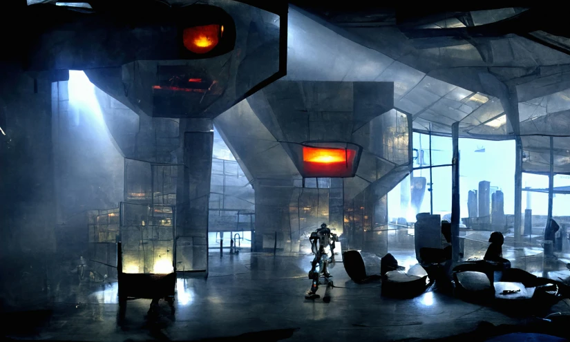 a futuristic interior with red light at the end