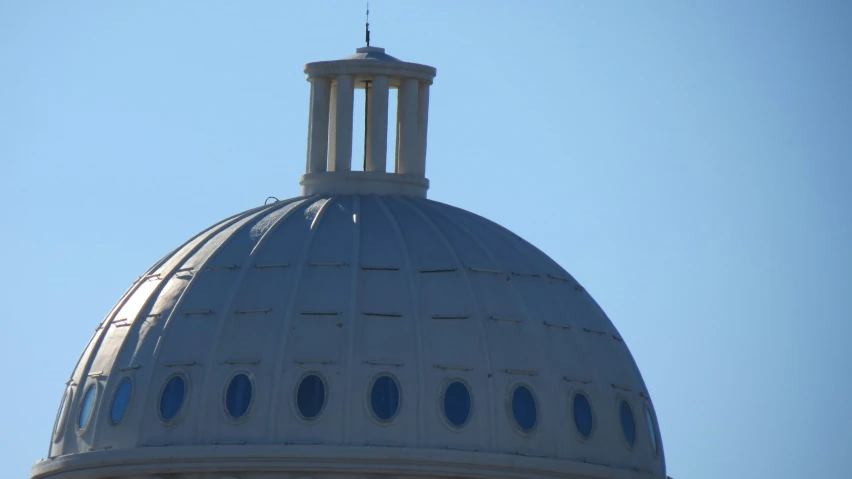 the dome of a building with a bird flying by