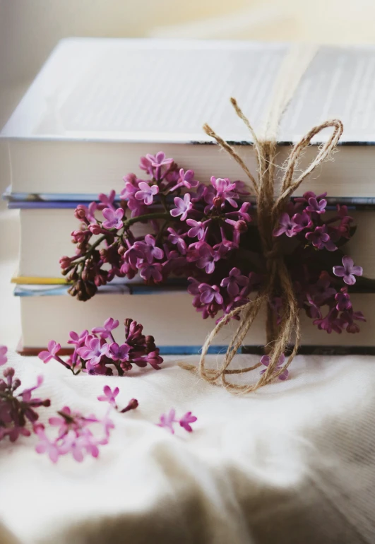 three books with purple flowers tied to each other