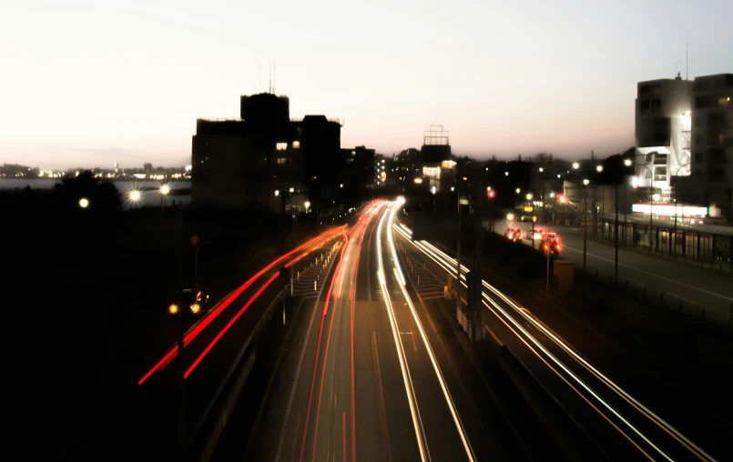 a night view looking down at the streets of city