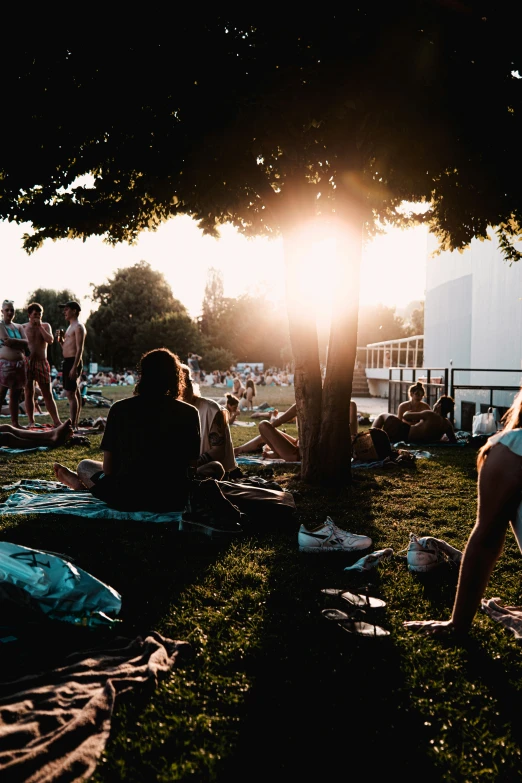 a couple of people sitting on the grass near a tree