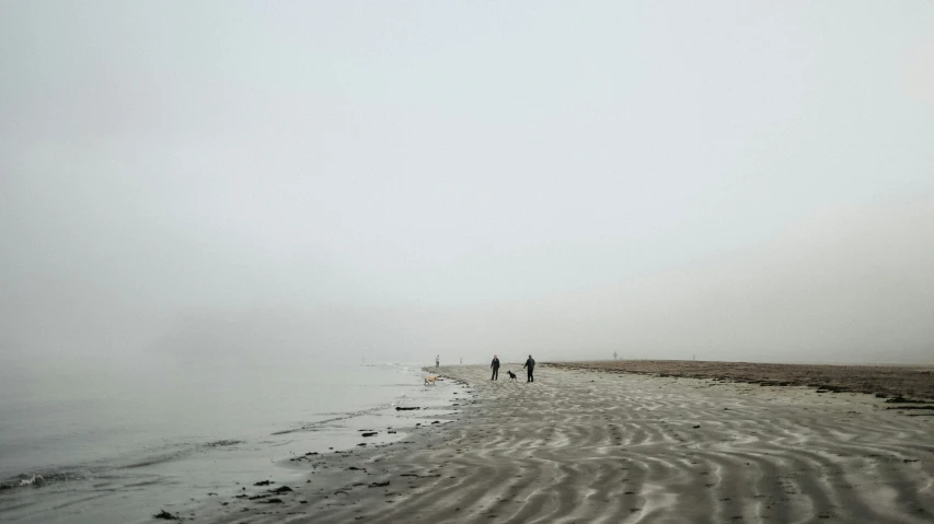 a beach with some people walking down it