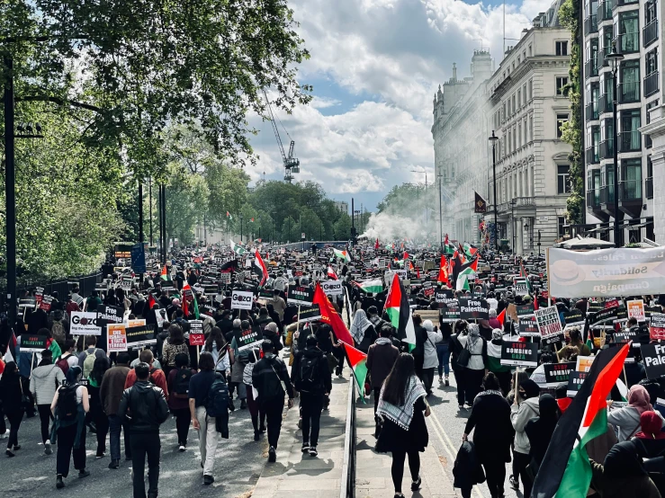 a crowd of people standing on a sidewalk holding flags