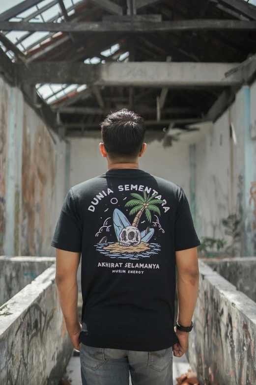 a man standing in an abandoned building wearing a black shirt