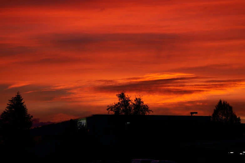 orange colored clouds are in the sky with trees