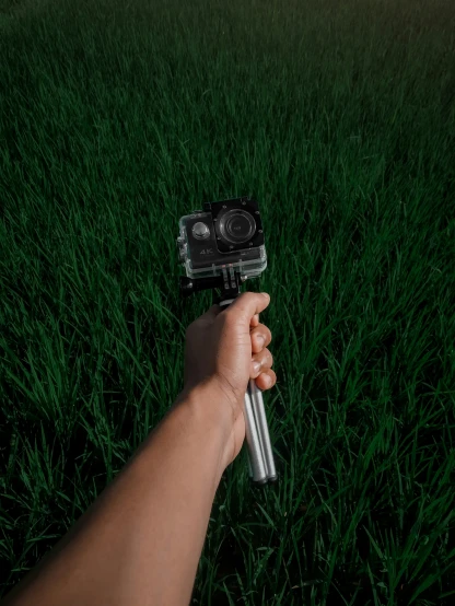 a person is holding out a camera in the grass