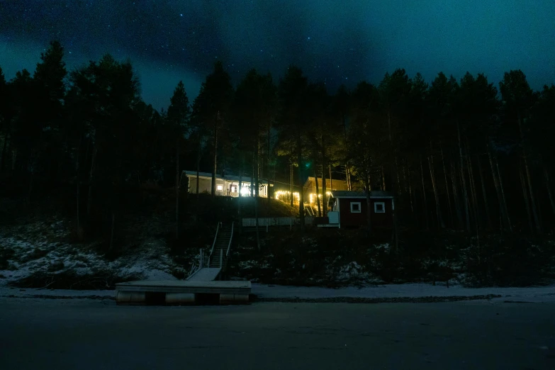 a night time po of houses in the forest