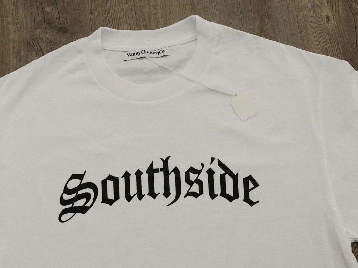 white southside shirt with black writing on the front