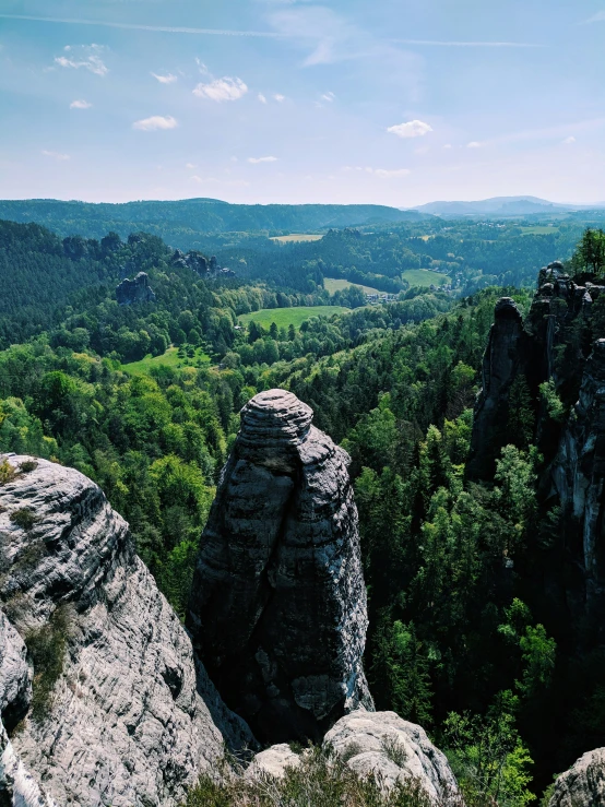 trees on the cliff edge with mountains in the background