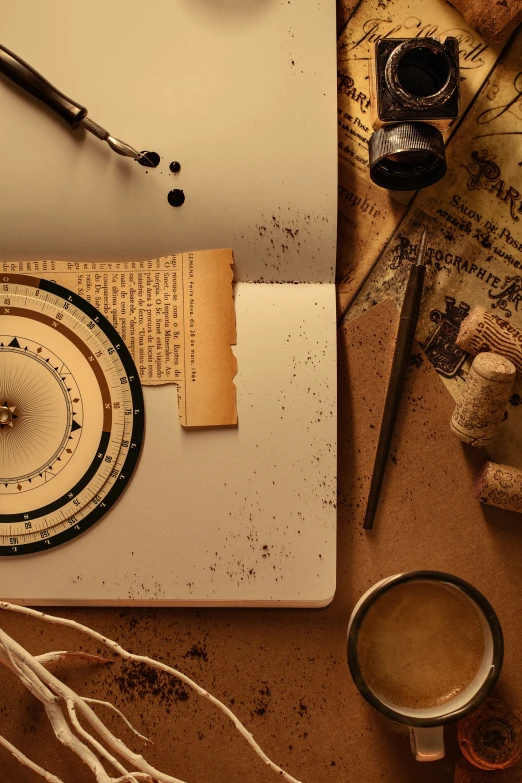 an old map and some tools on a desk