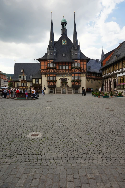 a large old town has some colorful architecture