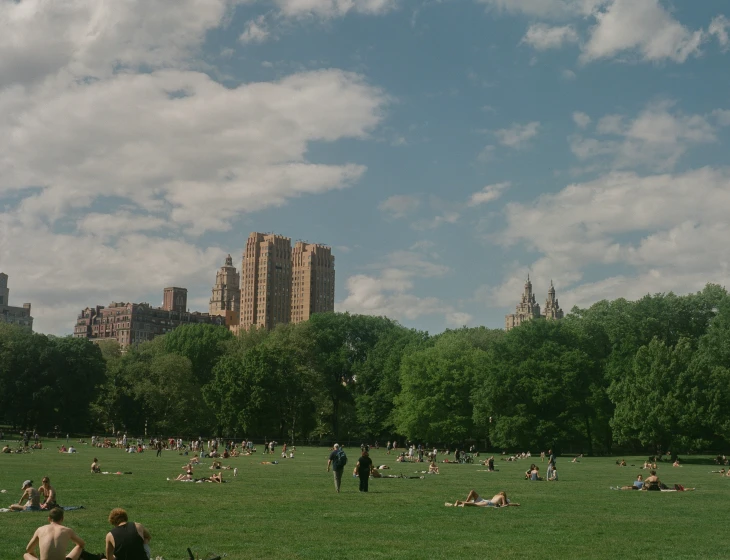 people sit and lounge in the park with a skyscr in the background