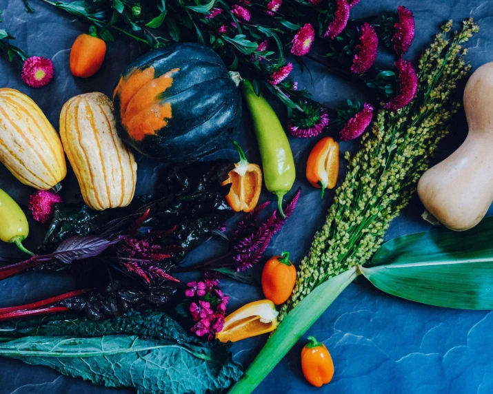 several different types of vegetables lay on the ground