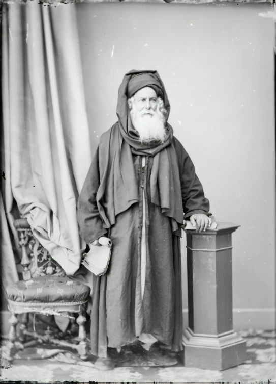a black and white po of a man in costume
