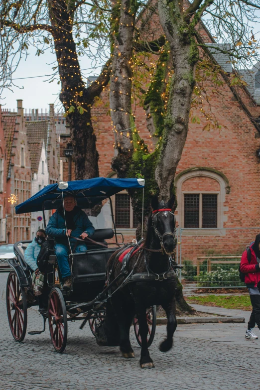 a couple of people riding in a horse drawn carriage