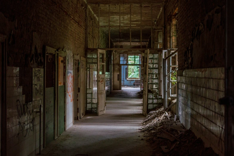 there is an open hallway with bookshelves and stacks of rubble